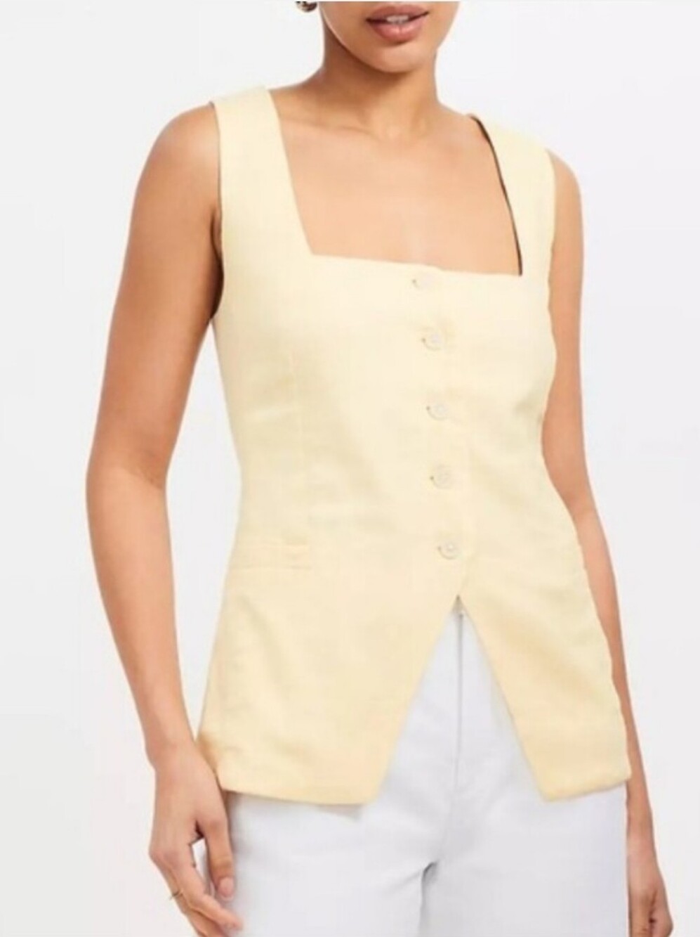 LOFT Petite M Sleeveless Square-Neck Button Front Butter Yellow Linen Blend Vest